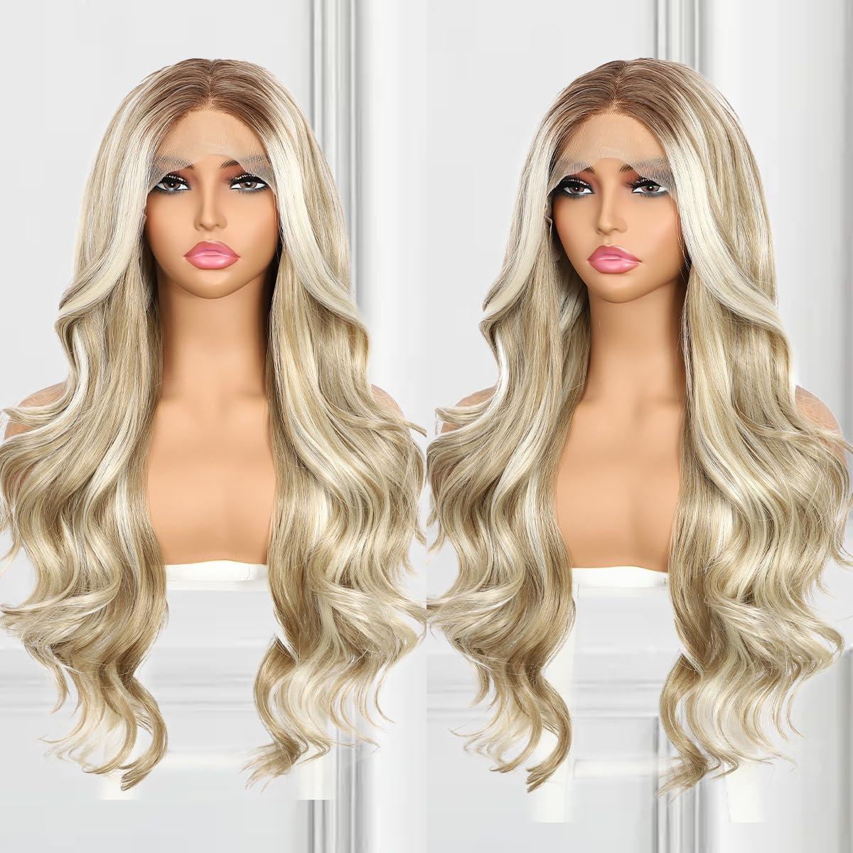 Highlight Blonde Lace Front Wig for Women 13x4 Body Wave Synthetic Wigs Balayage Pre-plucked Long Wavy Wig 150% Density Heat Resistant Hair Replacement Wigs 26 Inch