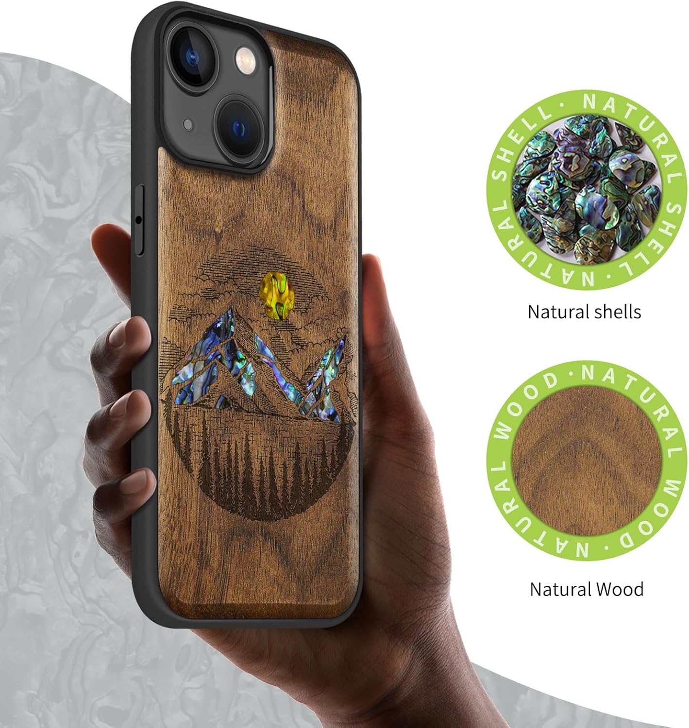 Carveit Wooden Case for iPhone 15 Magnetic Case, Compatible with MagSafe Wireless Chargers, Shockproof Cover, Handmade Shell Inlaid & Wood Artisan Engraved (Alpine Lakes) Walnut