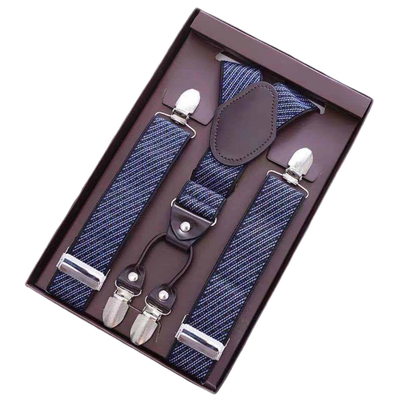 ATORSE Gift Boxed 4-Clip Suspenders Heavy Duty Clips Elastic Pant Suspenders Classic Design Trouser Braces for Men, Formal Events, Weddings, Dark Blue Stripe-image-31
