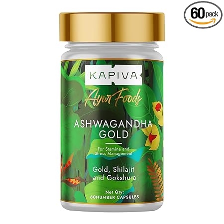 Kapiva Ashwagandha Gold Capsules, 183rd day harvested Potent Nagori Ashwagandha With Gold, Shilajit | Helps in Stress Management, Improve Energy and Stamina | For Men & Women (60 Capsules)