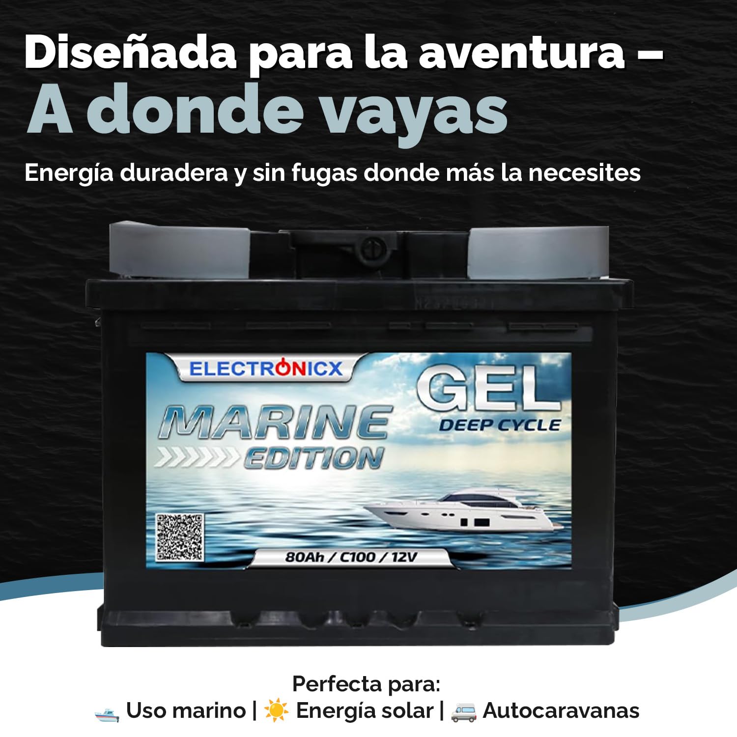 Electronicx batería de Suministro 12V 80Ah Gel, 80 AH sin Mantenimiento y sellada. Resistente a ciclos para Solar, Barco, Autocaravana, Carretilla elevadora. Medidas 242×175×190mm.