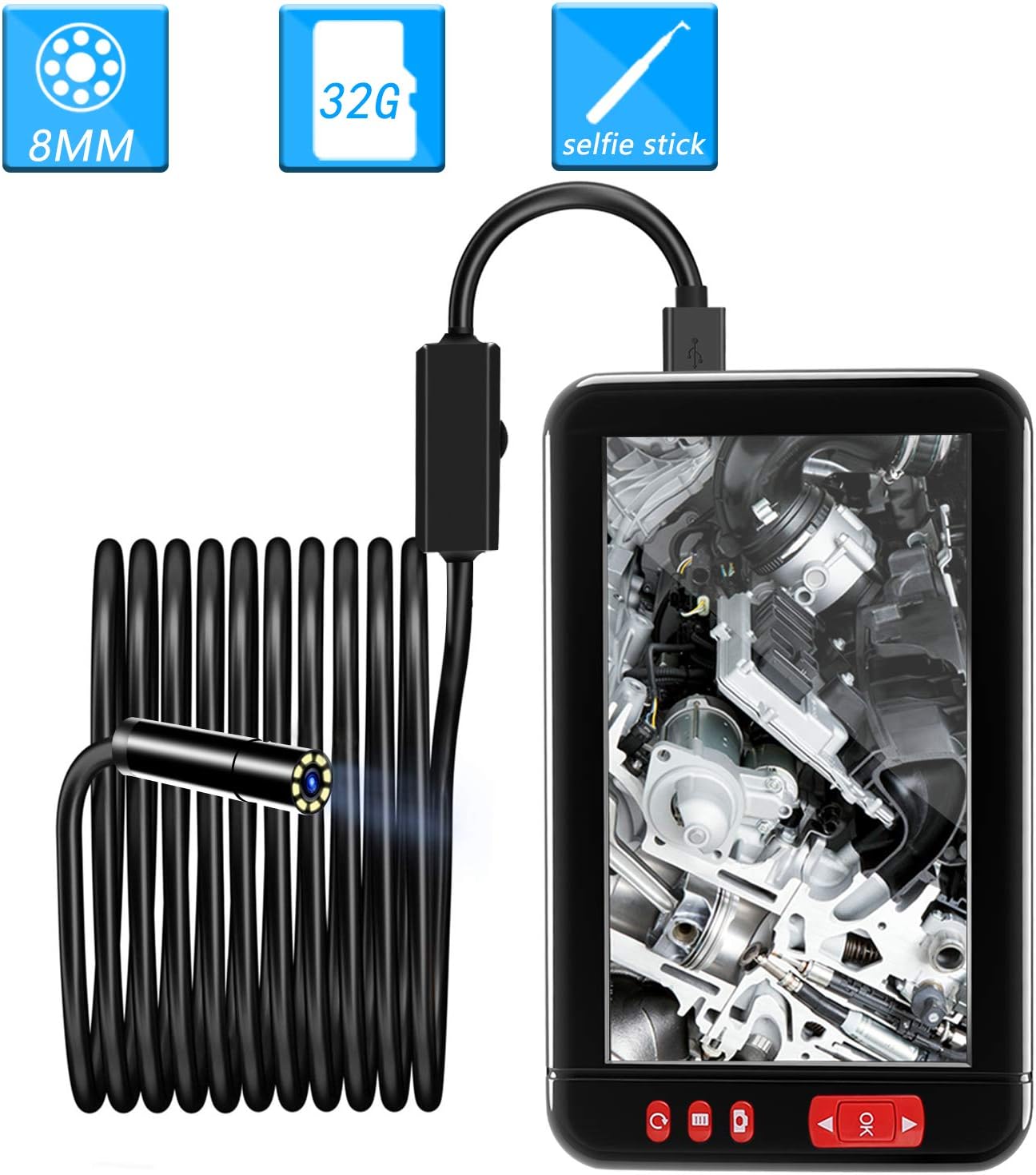 Industrial Endoscope 1080P Full HD 4.3 inch LCD Digital IP67 Waterproof Inspection Camera with 8 LED Lights 5 Meters Semi-Rigid Tube 32GB Memory DVR Waterproof Borescope Camera(16.4FT)