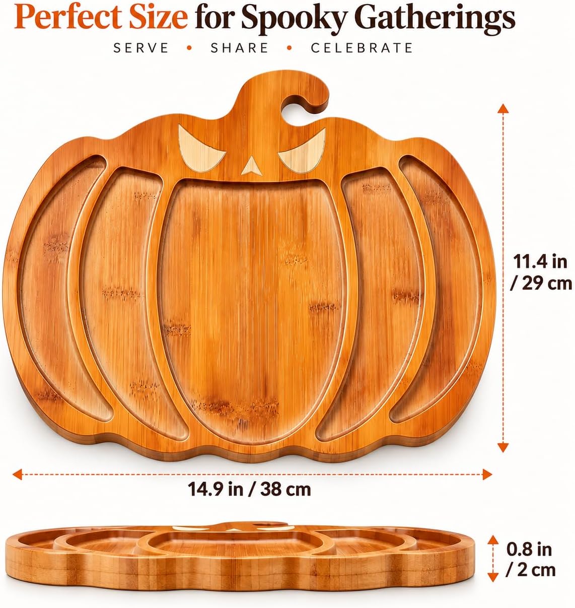 Halloween Pumpkin Charcuterie Board, 5-Compartment Bamboo Serving Platter