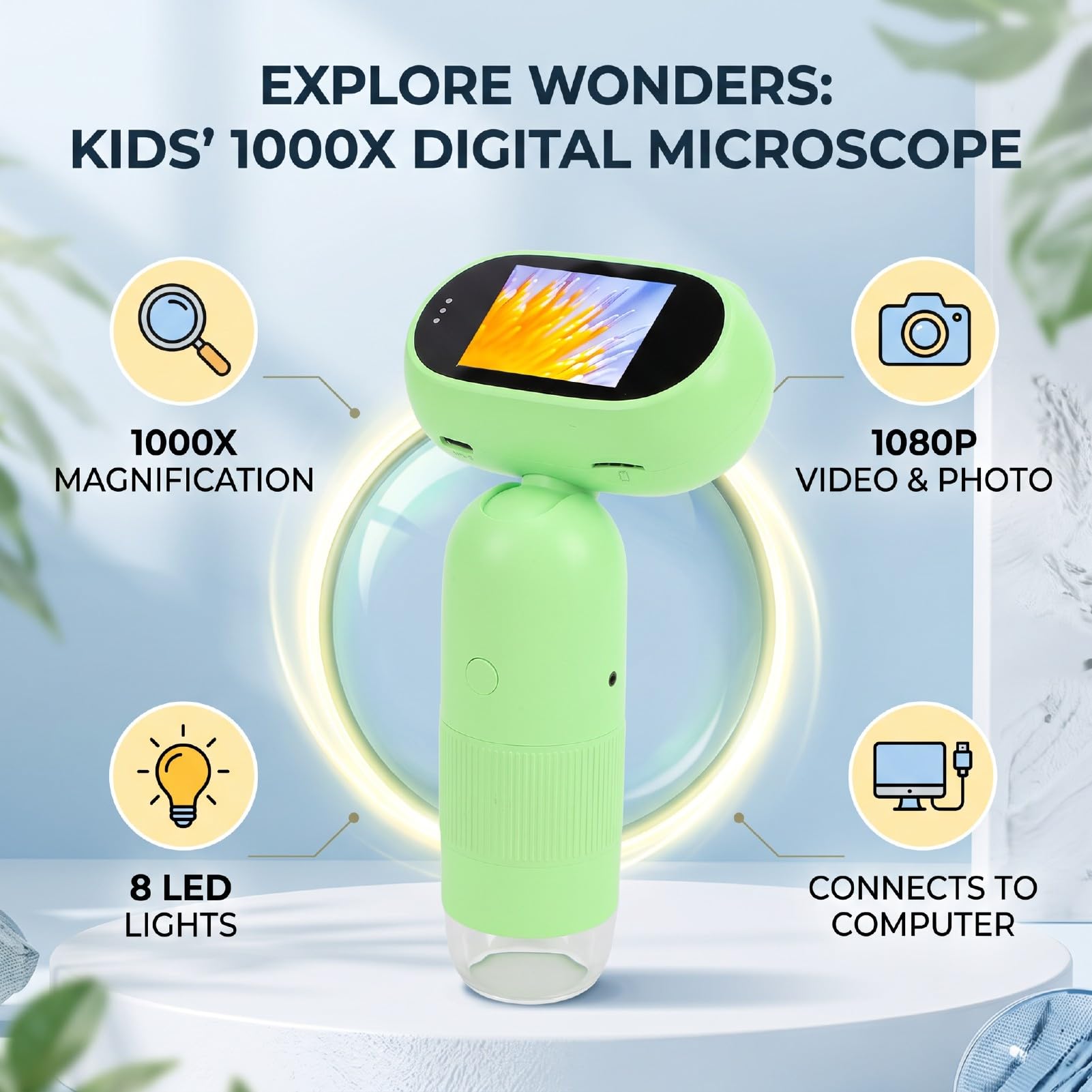 Microscopio Portátil Digital para Niños 1000X, 8 LED