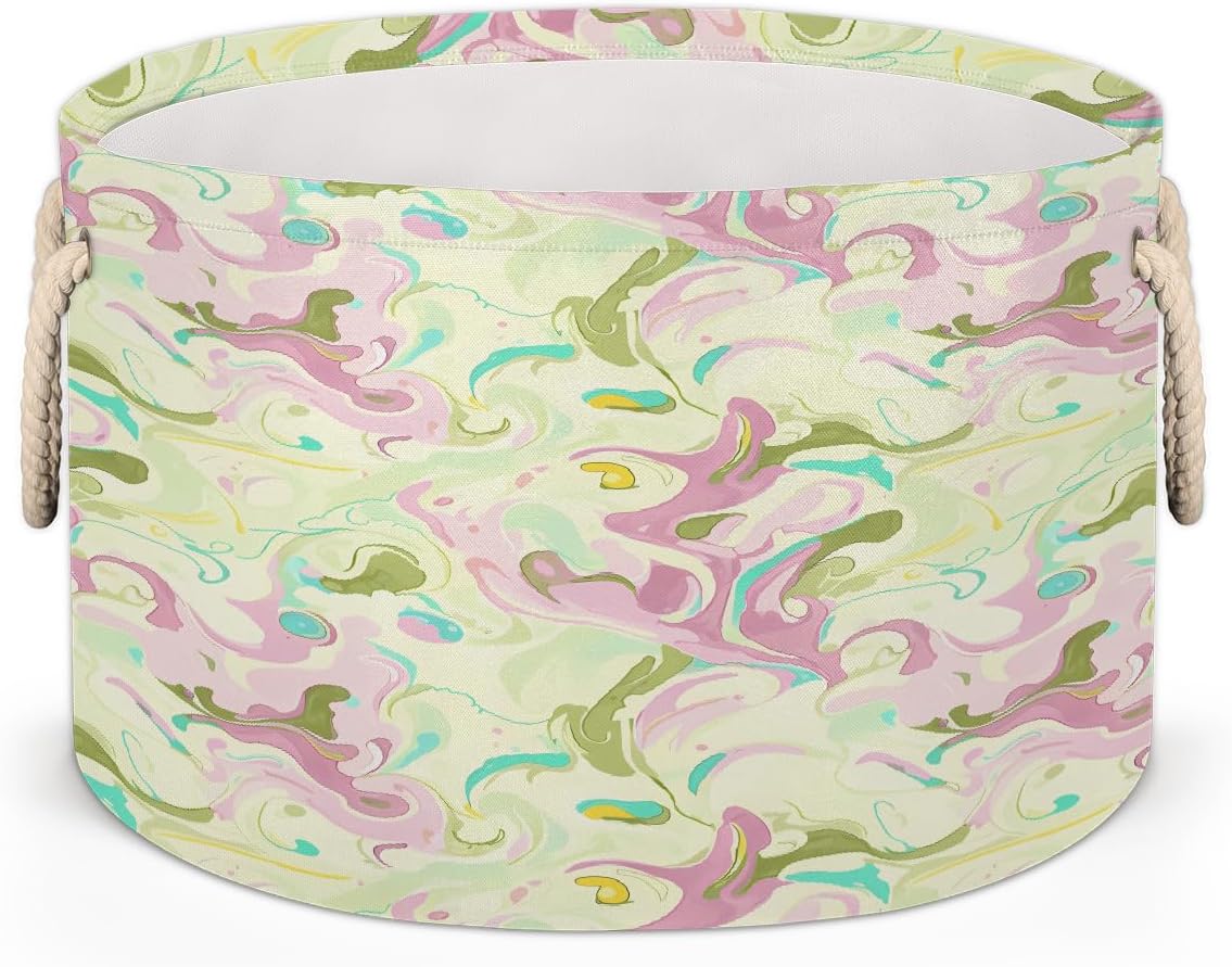 Large Storage Baskets - Pastel Abstract Swirl Nursery Round Collapsible Organizer Bin Box, Laundry Hamper for Kids Toys, Blanket, Bedroom Living Room Home Decor, Gift Basket, 19.4"x13.3"