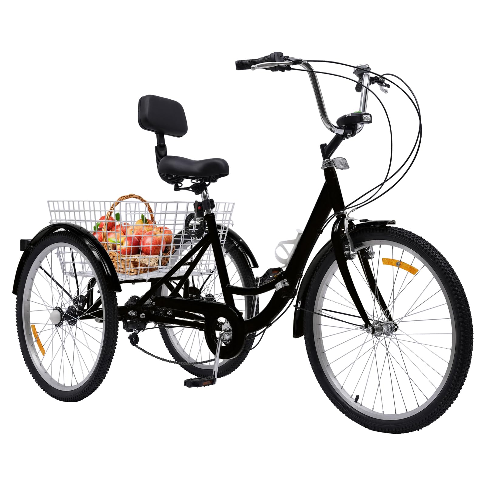 Triciclo pieghevole per adulti da 24 pollici a 7 velocità nero – triciclo pieghevole con schienale e cestino della spesa, capacità di carico 95kg, freno a V/freni a tamburo per città, spiagge, piste