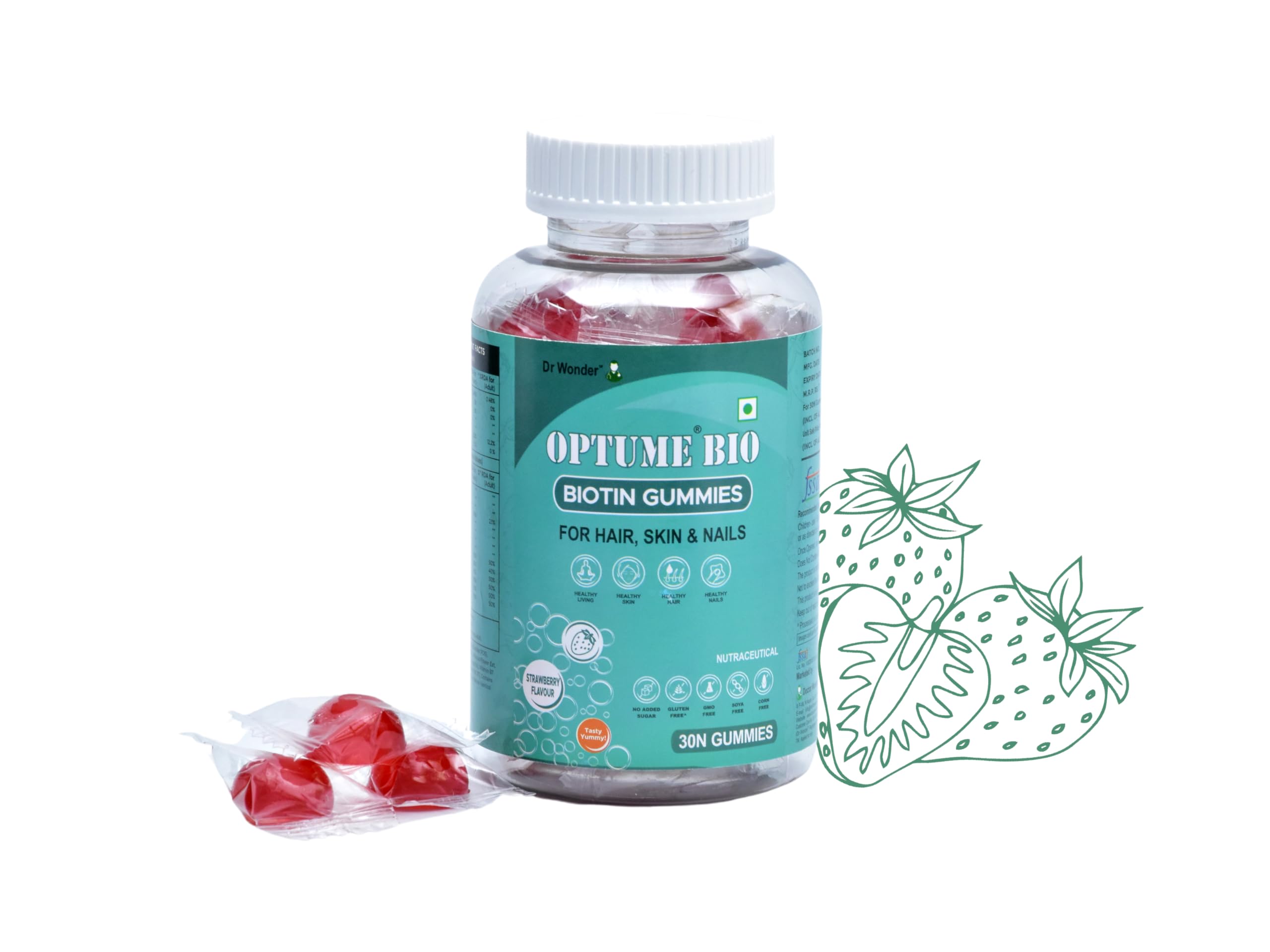 OPTUME BIO Dr Wonder Biotin Gummies for Healthy Hair, Skin & Nails Biotin Supplements for vitamin B7 (BIOTIN), Aloe Vera Leaf, Turmeric (Haldi) (Pack of 1_30 Biotin Gummies)