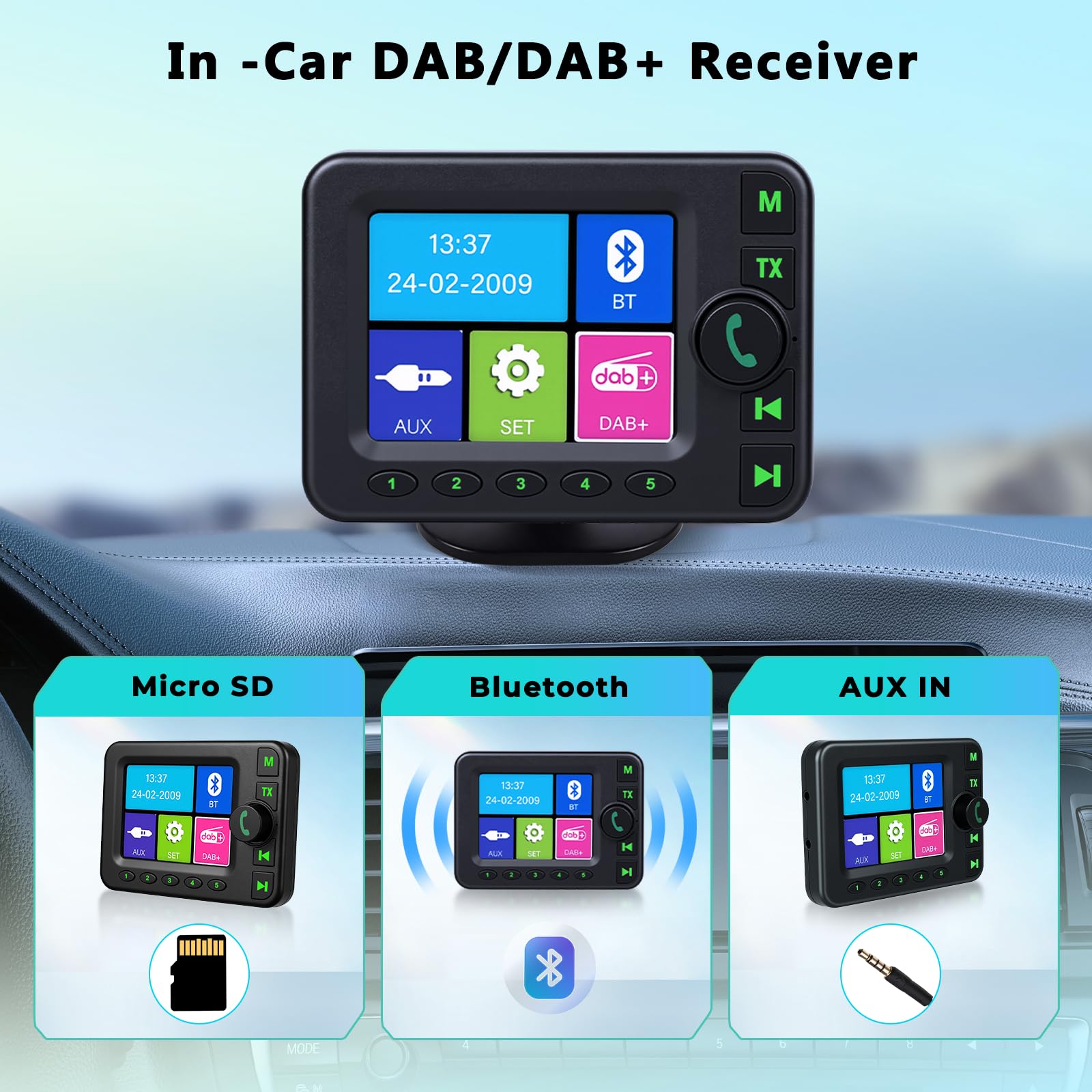 Roinvou Adattatore DAB/DAB+ Portatile per Auto Radio DAB con Display LCD 2,4 Pollici, Vivavoce Bluetooth, Trasmettitore FM, Ingresso AUX, Slot TF