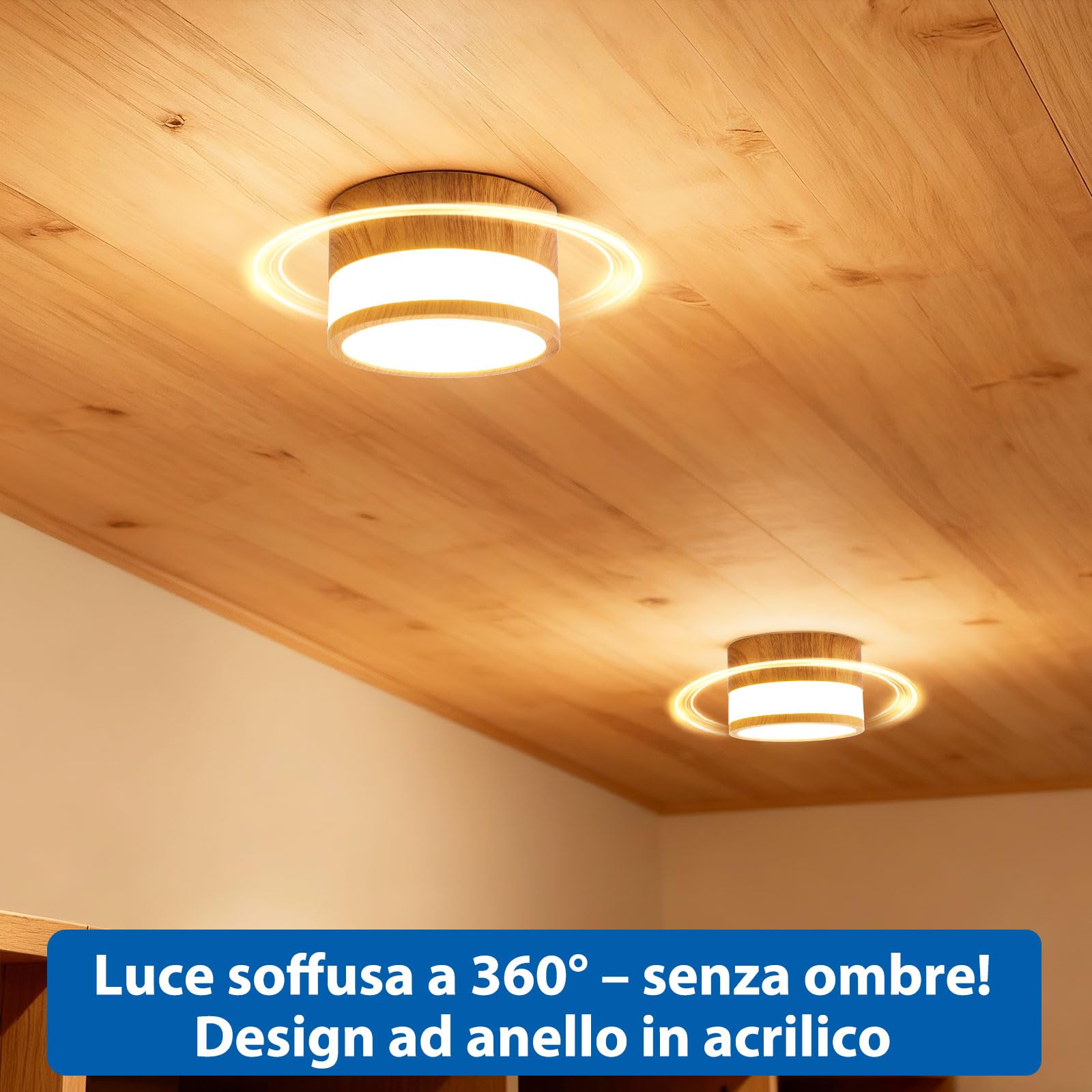 ZIZZLER 2 Faretti Led Legno da Soffitto IP44 Faretto per Cucina Interni Corridoio, 12W 1100LM, Plafoniera Rotondi Soffitto Soggiorno, Luce Calda, Bathroom Spot Lights Ceiling, 10cm