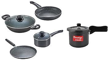 Prestige Omega Granite Aluminium Kitchen Set, 4-Pieces, Black & Prestige Svachh 3 Litre Aluminium Pressure Cooker with Hard Anodized Body (Black)