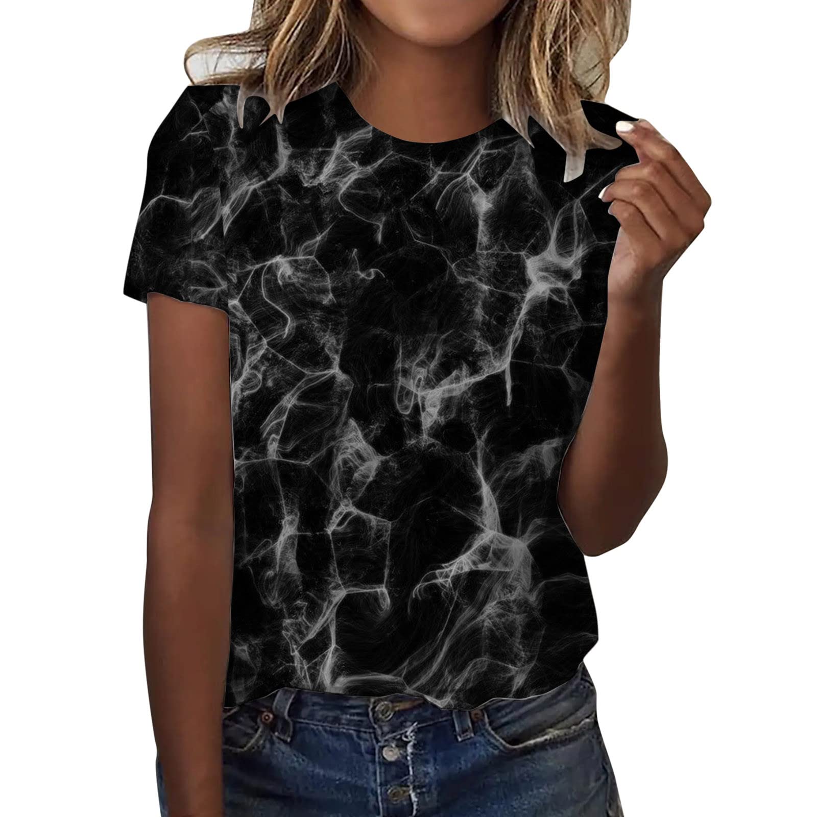 CGGMVCG Graphic Tees for Women Marble Print Crewneck Tops Short Sleeve Round Neck T Shirts for Women, Z13 Dark Gray, XXL