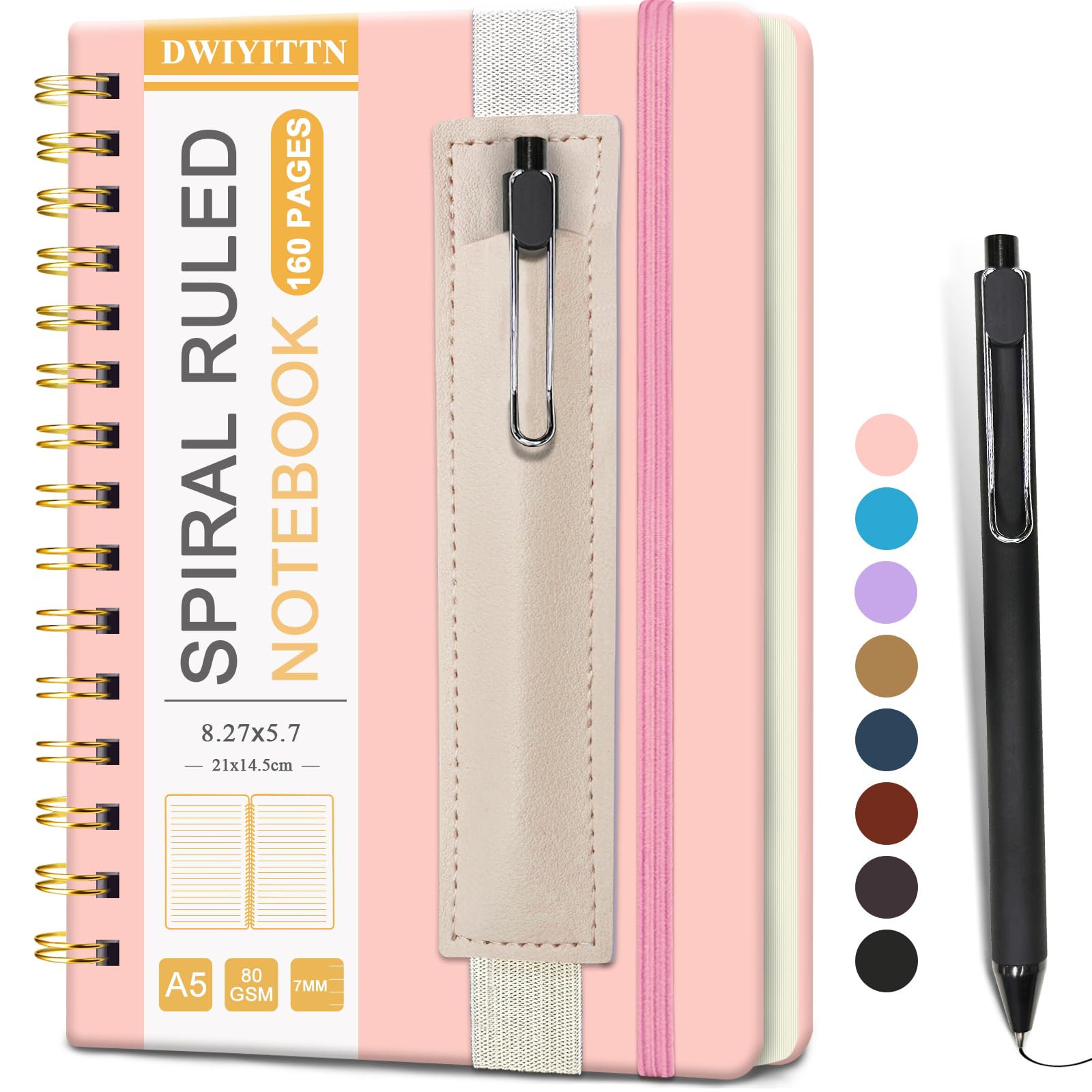 Carnet A5 à spirale rose DWIYITTN ligné 160 pages avec porte-stylo inclus
