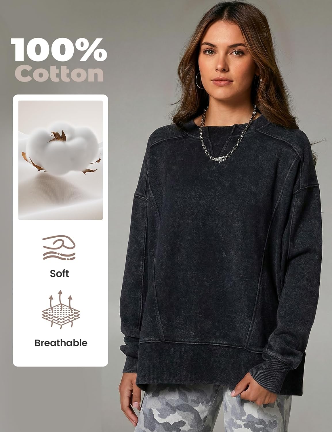 Wyeysyt Oversized Sweatshirt for Women Acid Wash Pullover Vintage Cotton Crew Neck Long Sleeve Sweatshirt - Image 3