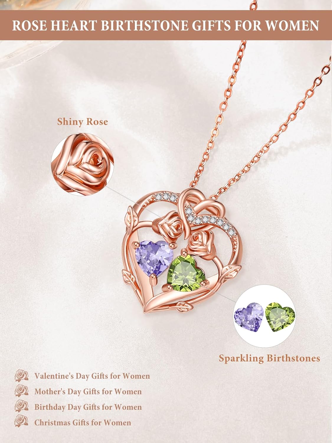 Rose Gold Necklaces for Women Double Birthstone Rose Flower Heart Pendant Necklace Jewelry Anniversary Christmas Valentine's Mother's Day Birthday Gift for Wife Mom Her Girlfriend Sister - Image 2