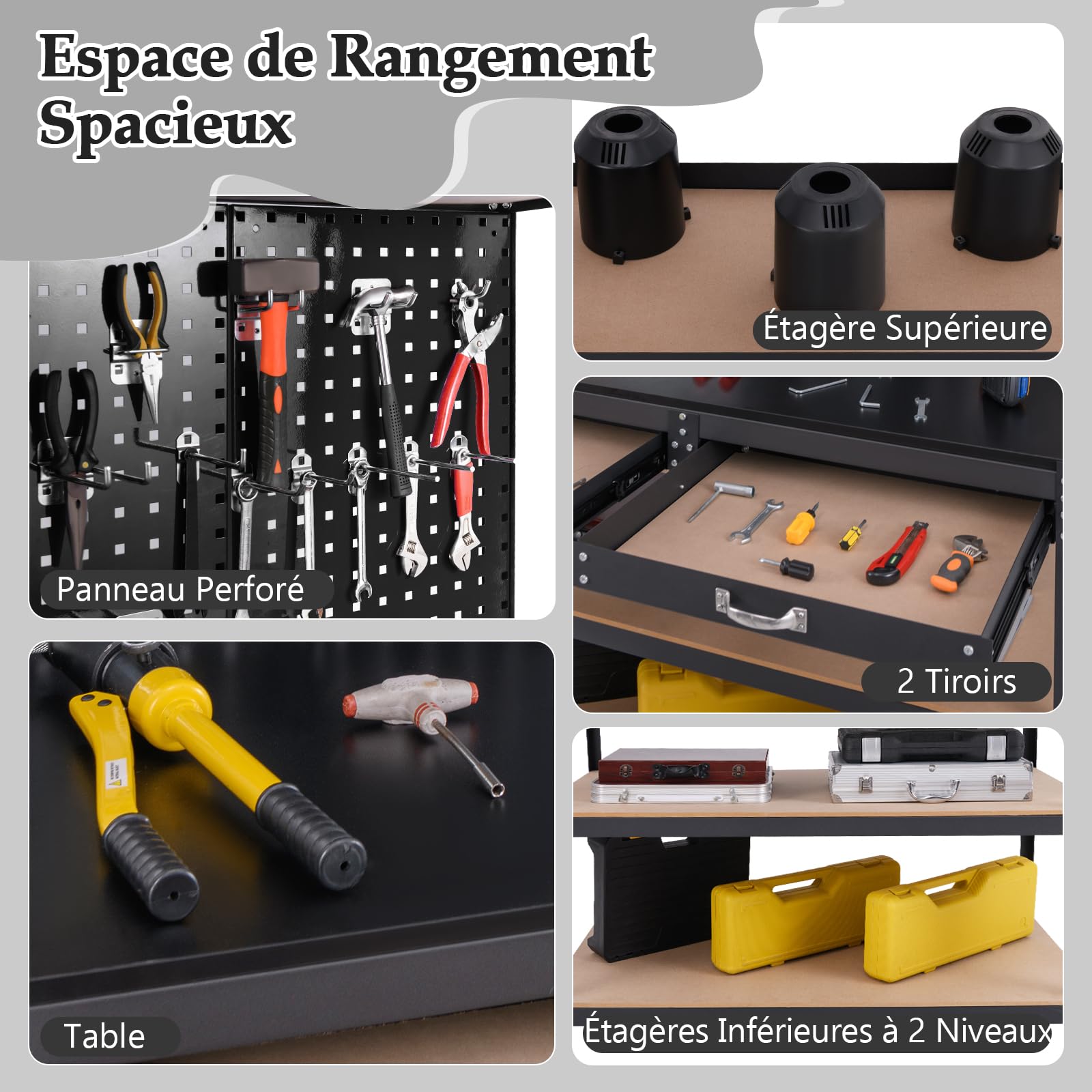 GYMAX Établi Garage Atelier avec Table de Travail, 24 Crochets pour Rangement d'Outils, Panneau Perforé, 2 Tiroirs, 3 Etagères Ouvertes, Charge Max. 230 KG(Noir)