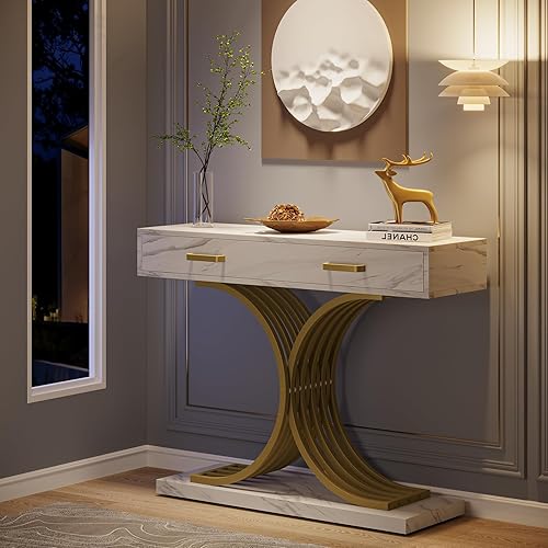 Miniatura 5 de Mesa consola de oro blanco con cajón, moderna mesa de entrada de 39 pulgadas con almacenamiento, mesa de pasillo de mármol sintético con patas