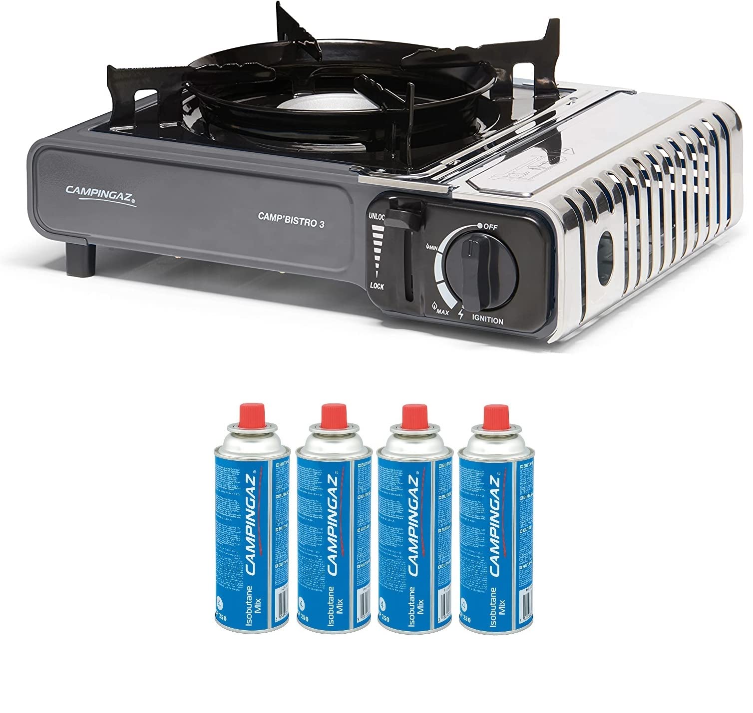 FYSHOP. PACK Campingaz Camp Bistro hornillo de Gas Individual, hornillo de Camping, Potencia 2200 W + 4 CARTUCHOS DE GAS CAMPINGAZ CP250
