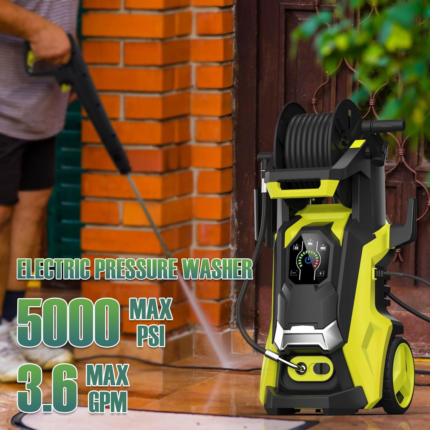 Pressure washer in use, showing 5000 MAX PSI and 3.6 MAX GPM