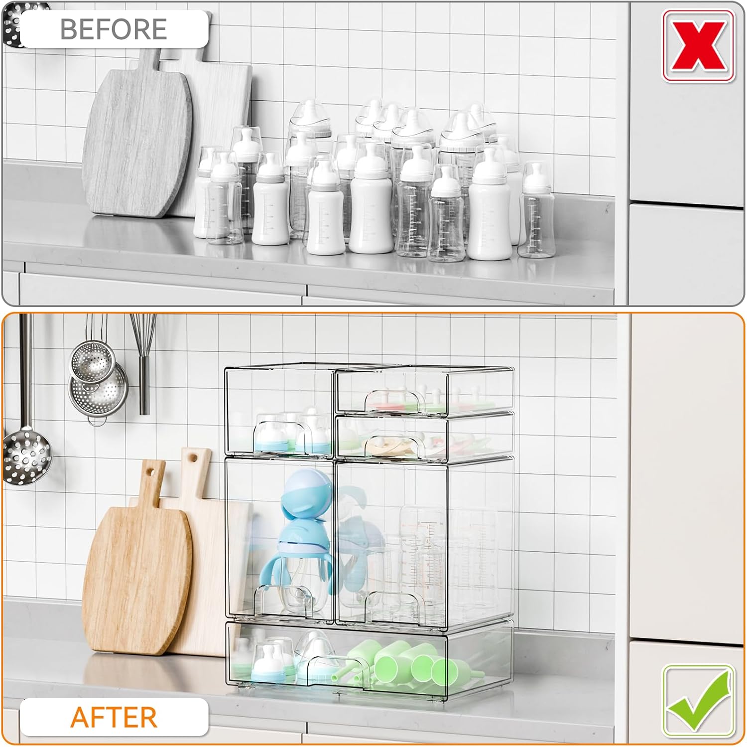 Yieach 6 Set Clear Baby Bottle Organizer for Countertop,BPA FREE Bottle Station Organizer for Breast Pump Parts,Pacifier and Baby Accessories,Stackable Drawers for Bathroom,Cabinet,Pantry Organization