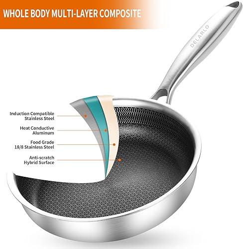 Miniatura 2 de DELARLO Sartén de acero inoxidable de tres capas de cuerpo entero de 12 pulgadas con tapa, sartén híbrida de cocina, ollas y sartén de inducción