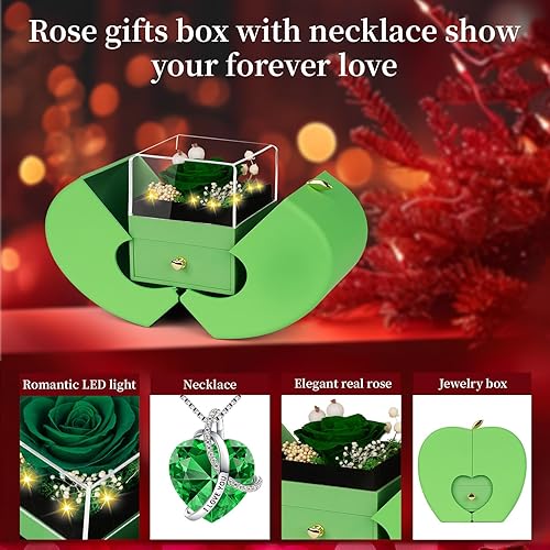 Miniatura 2 de Regalos de cumpleaños de rosas verdes reales preservadas para mujeres, mamá, esposa, novia, abuela con collar "Te amo", rosas eternas para siempre,