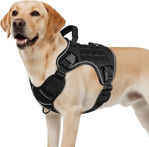 WINGOIN Arnés táctico negro para perros grandes, arnés resistente sin tirones con asa, ajustable, reflectante, militar, K9, pastor alemán, chaleco