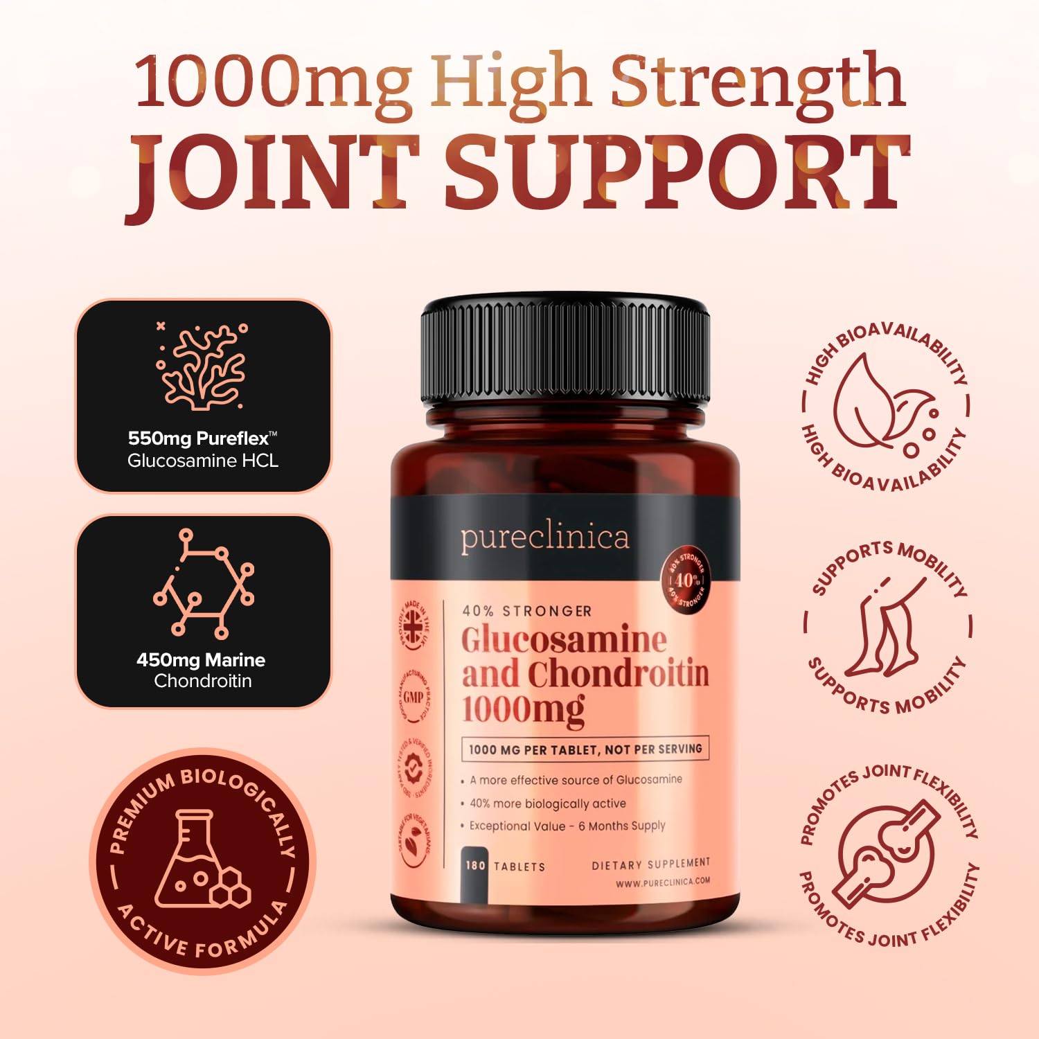 Pureclinica Glucosamine HCL & Chondroïtine (1000mg x 180 comprimés - 3 mois approvisionnement). La plupart effectif et sur le plan biologique actif: chondroïtine 90%, glucosamine HCL 83.1%