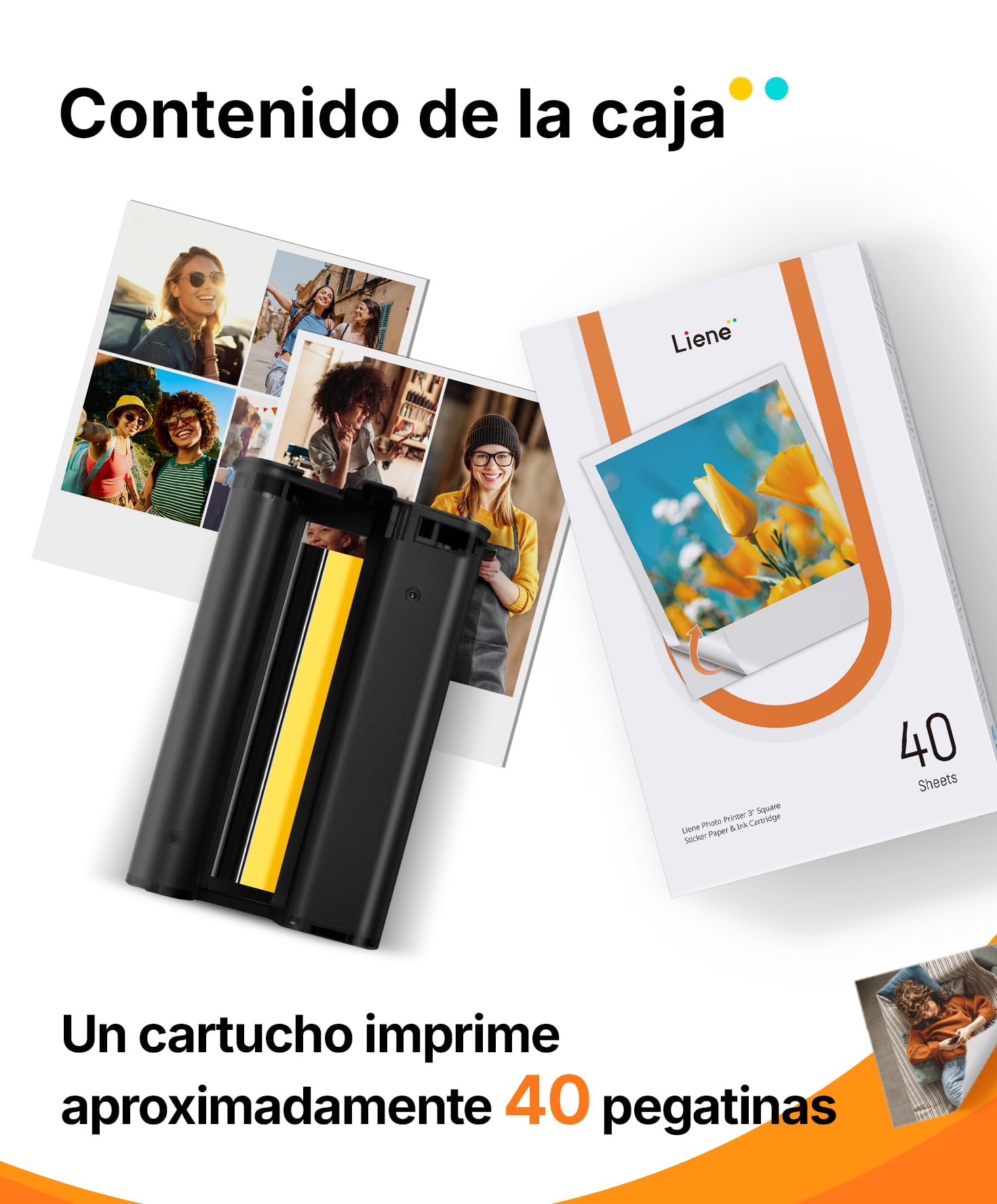Liene Amber M110 & M210 Adhesivo Original : 40 Hojas de Papel Fotográfico Cuadrado 7,7 cm + 1 Cinta, Adhesivo Instantáneo, Resistente al Agua y las Huellas, Compatible Exclusivamente con DHP514/DHP515