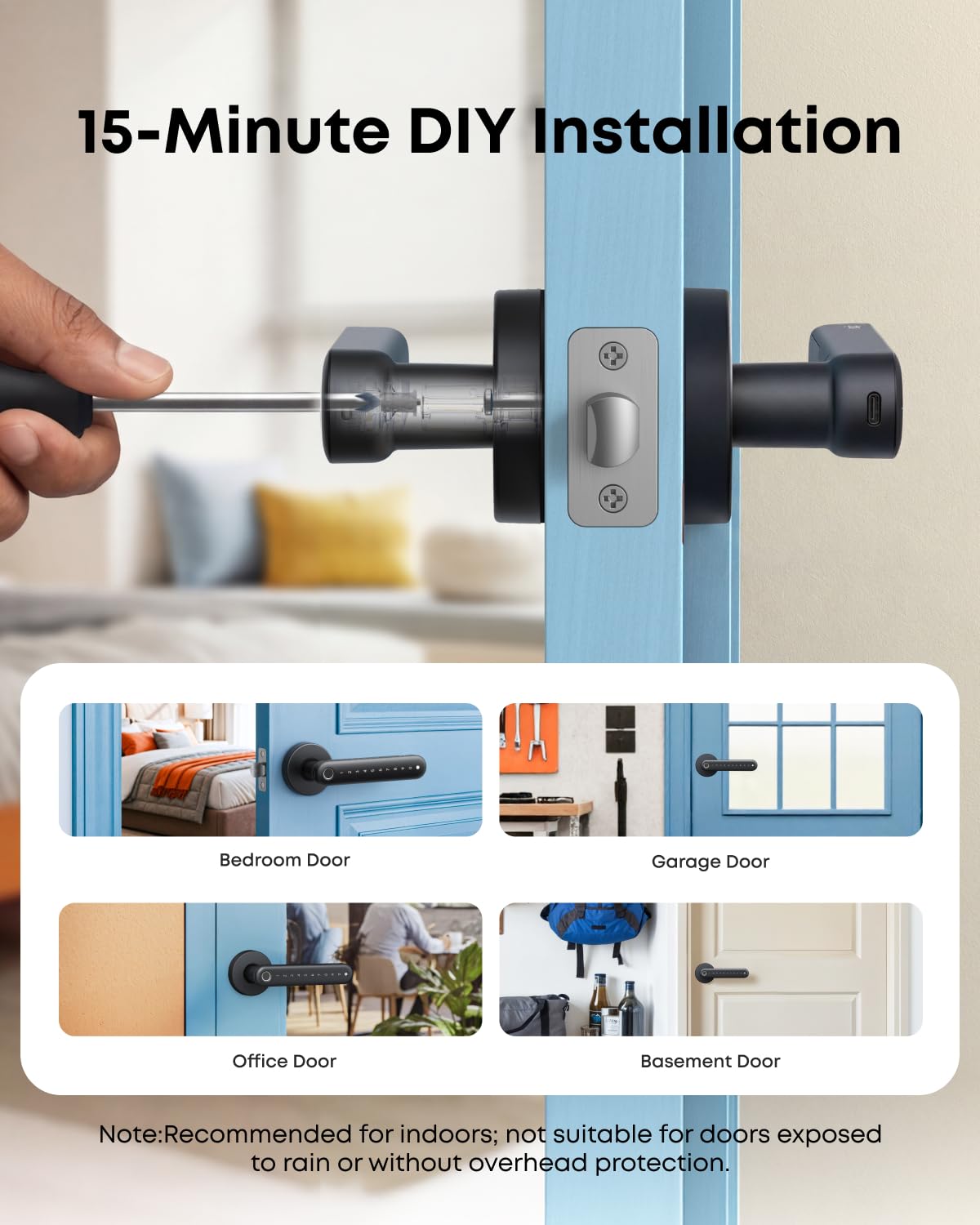 eufy Smart Lock C32, serrure de porte sans clé à empreintes digitales avec poignée, Wi-Fi intégré, télécommande par application, reconnaissance d'empreintes digitales IA auto-apprentissage pour portes