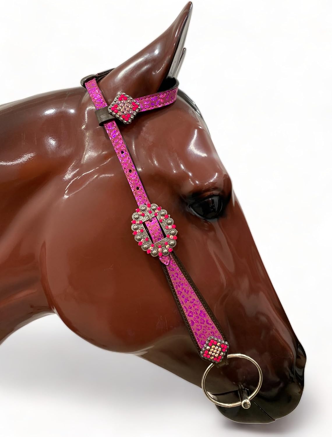 Pink Leopard Print Western Horse One Ear Headstall and Breast Collar Set Argentina Cow Leather with Red Stones and Fringe