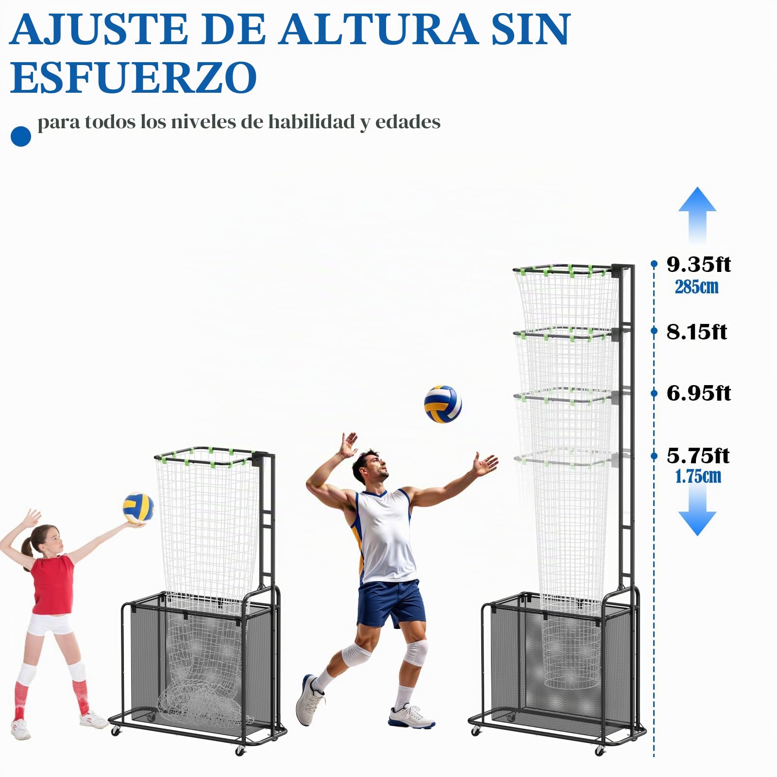 Entrenador de Voleibol con Ruedas, Red de Entrenamiento con Altura Ajustable (1.7-2.8m) y Ángulo Ajustable, Sistema de Práctica de Saque y Remate con Recogepelotas Integrado para Interior y Exterior