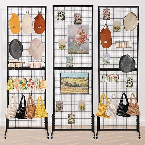 Miniatura 9 de Paquete de 2 paneles de pared de rejilla de 1.8 x 5.7 pies, estante de exhibición con ruedas base en T, panel de rejilla independiente para