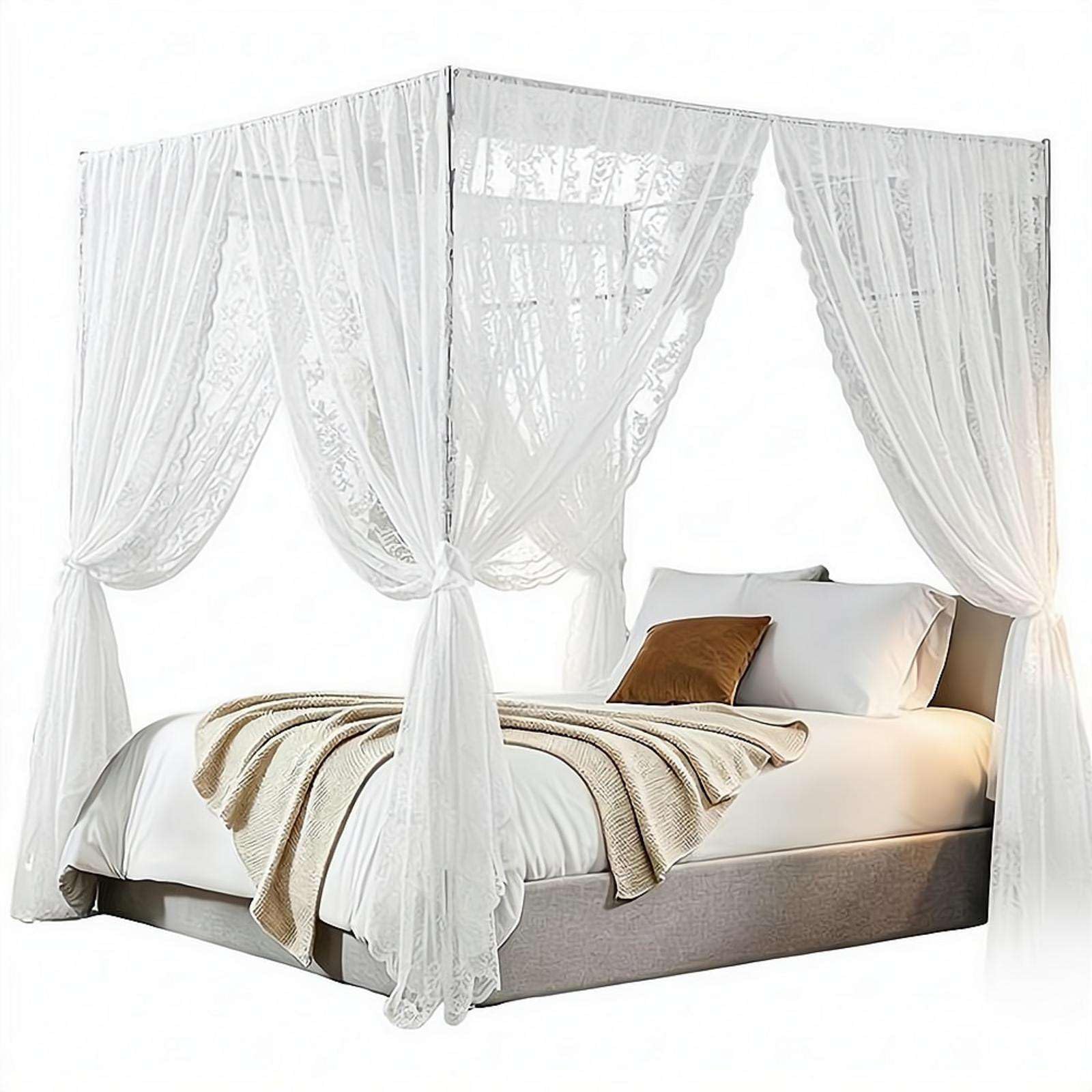 Lace Canopy Bed Curtains 8 Piece Set for Queen Size Bed - 100% Polyester Sheer Drapes 39x79 Inch Panels with 8" Rod Pocket, Romantic Privacy Curtains for Four Poster Canopy Frame, White
