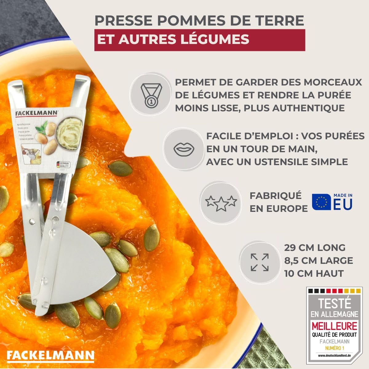 Fackelmann Presse-purée à levier, Acier inoxydable, 29 x 10 x 8,5 cm