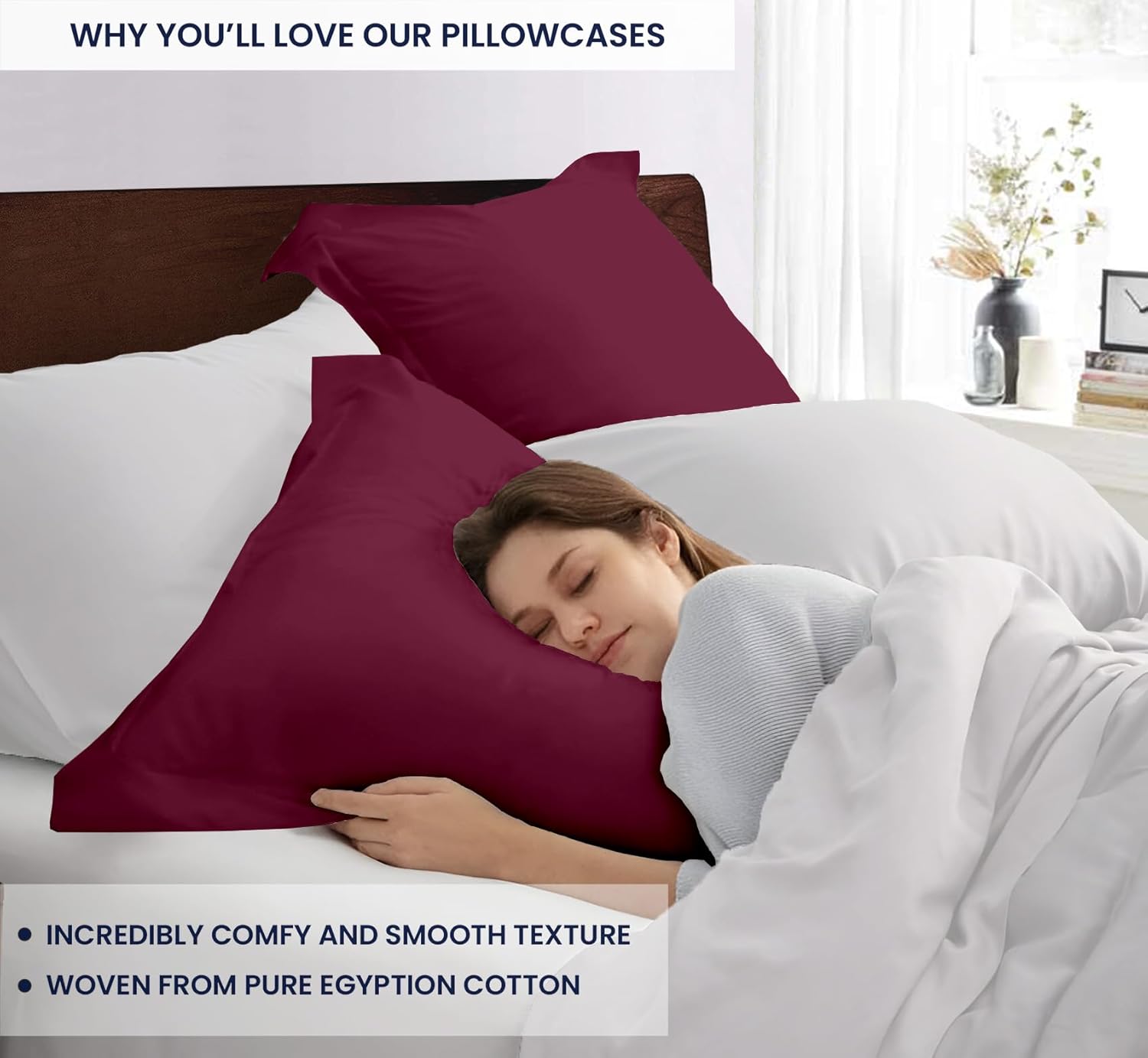 Kotton Culture 20" x 36" King Shams- Set of 2 Burgundy Pillow Shams - Decorative Pillow Covers - 100% Egyptian Cotton 600 Thread Count Skin Friendly Soft Cushion Cover with Envelope Closure