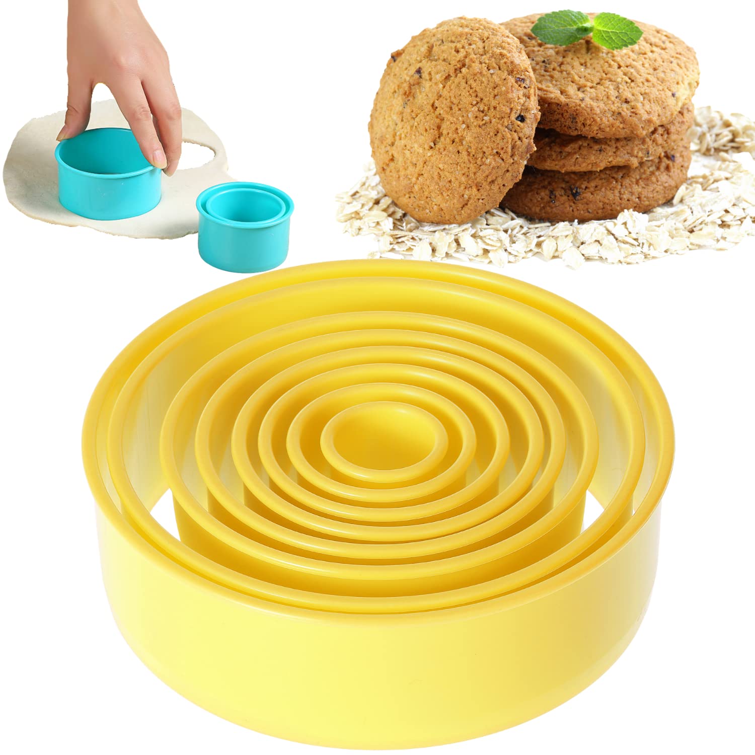 Crethinkaty 5.2IN Round Cookie Cutter for Baking, 8Pcs Round Cookie Biscuit Cutter Set for Making Donut Pies Scone(5.2/4.7/4/3.2/2.8/2.2/1.6/0.98IN)-Yellow