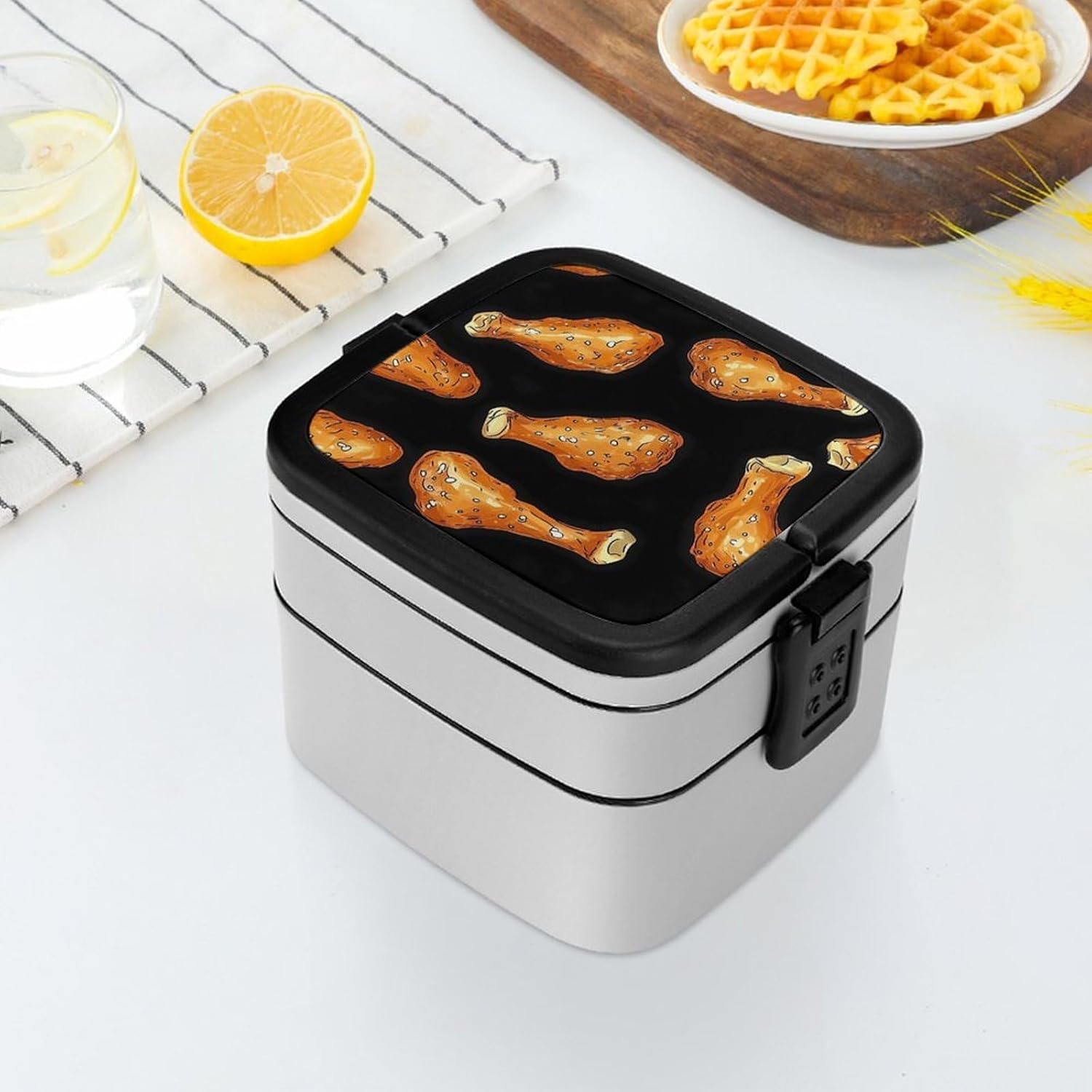 Chicken Legs Print Bento Box with Spoon 2 Layer Food Container Cute Lunch Box for Travel Dining Work