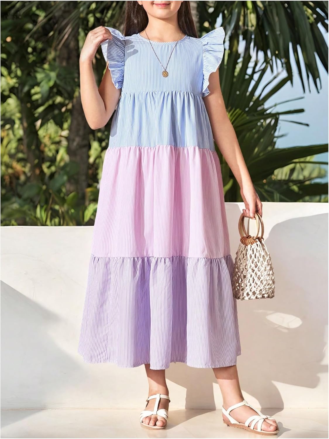 SHENHE Girl's Summer Flutter Sleeve Striped Ruffle Long Dress Tiered Swing Color Block Sundress - Image 5