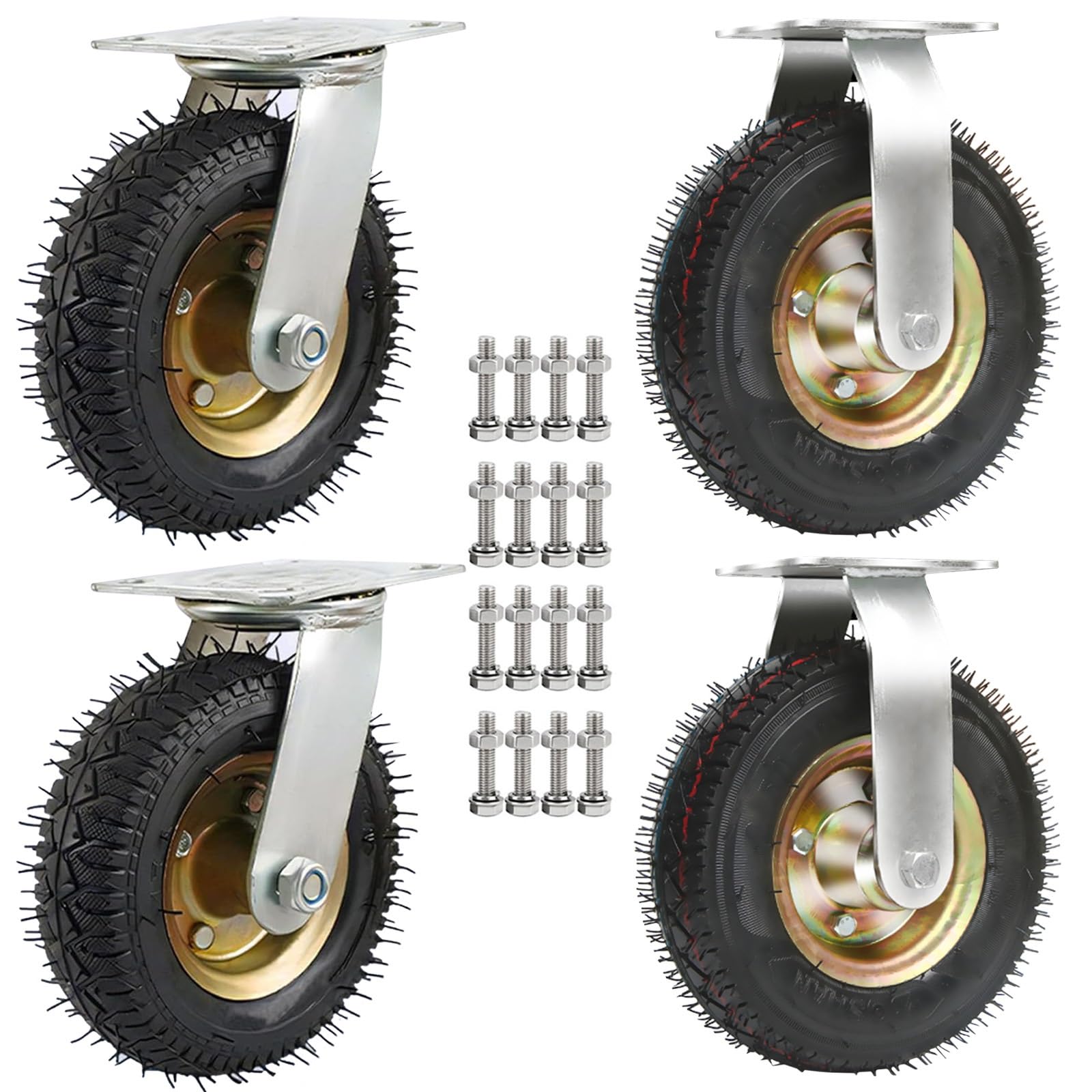 Luftreifen Gummi Lenkrolle, Schwerlastrollen, 2 Lenkrollen + 2 Bockrollen, Möbel Industrierollen Pannensichere Ø15/20/25cm, Tragkraft 150Kg, Für Trolleys, Transportroller, Werkbank Rollen(15cm)