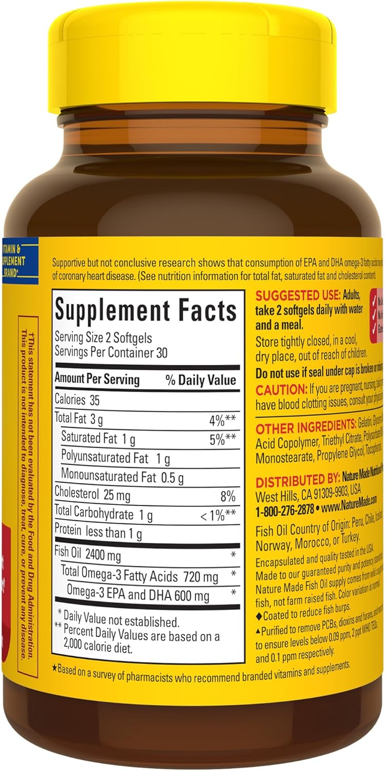 Nature Made Burp Less Fish Oil Omega 3 Supplements, 1200 mg Softgels, EPA DHA Omega 3 Fish Oil Supplements for Healthy Heart Support, 60 Softgels, 30 Day Supply - Image 7
