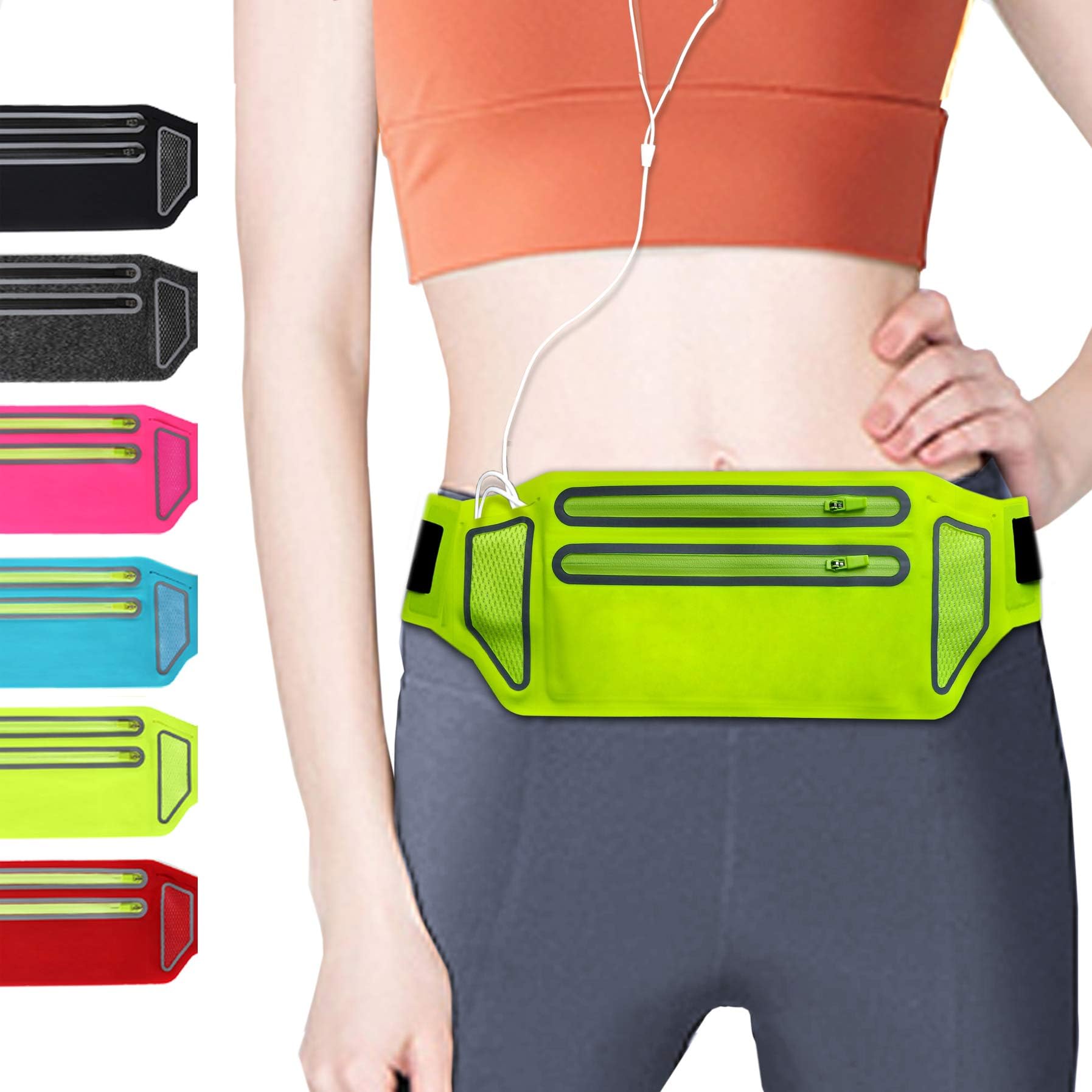 Slim Running Belt, Fanny Packs Waist pack with Two Zipper Pockets Pouch Bag for Women Men, Workout Phone Holder Compatible for iPhone XR XS Max X 8+, Fits up to 6.5” Phones - Fluorescent Green