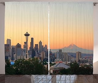 Ambesonne Seattle Skyline Curtains, Sunset and Mountain Rainier Viewed from Kerry Park Prominent State, Living Room Bedroom Window Drapes 2 Panel Set, 108" X 96", Multicolor