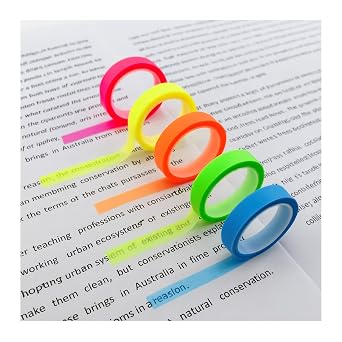 5 Rolls Highlighter Tapes, Colored Transparent Marking Sticker, Removable Fluorescent Neon Tape for Students Teachers Reading Taking Notes at Class Home Office
