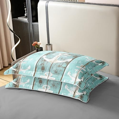 Miniatura 5 de Juego de ropa de cama de 100 % algodón con ancla náutica, funda de edredón de estilo rústico de granja, decoración de cabaña, funda de edredón de