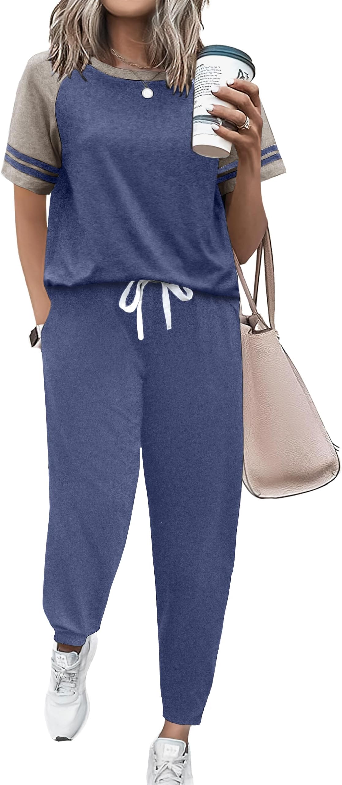 Lounge Sets for Women Two Piece Pajama Set Short Sleeve Crewneck Jogger Outfits and Sweatpants Tracksuit