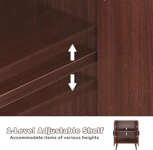 Miniatura 5 de SogesHome Gabinete de almacenamiento de ratán de 2 niveles para el hogar, armario de cocina con puerta, aparador natural con 2 estantes interiores