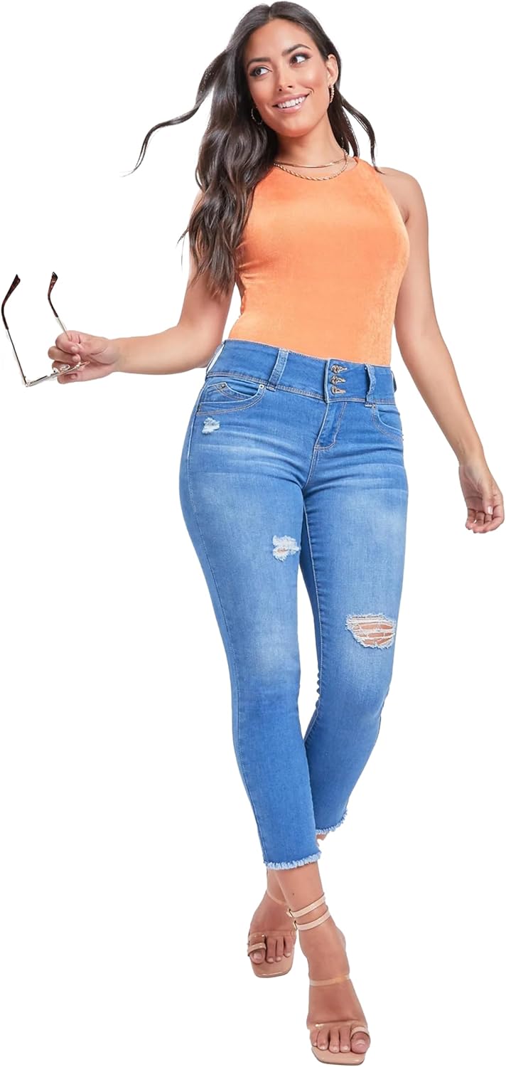YMI Womens Jeans Women's Wannabettabutt 3-Button Fray Hem Flood