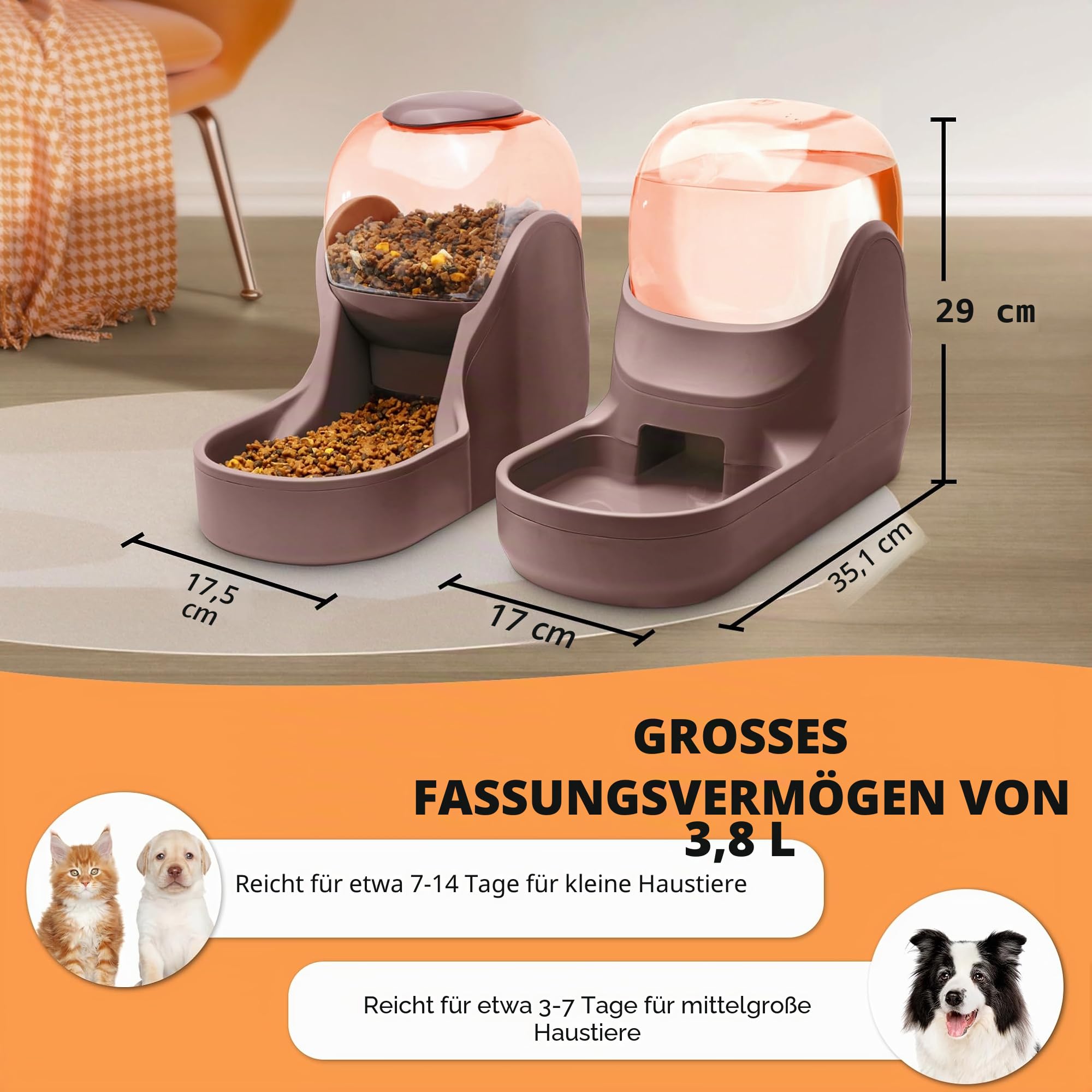 Automatisches Futter- und Wasserspender für Hunde, Katzen, Futterspender und Wasserspender, 3,8 l, 2-in-1 Katzenfutter, Wasserspender für kleine, mittelgroße und große Haustiere (Gray)