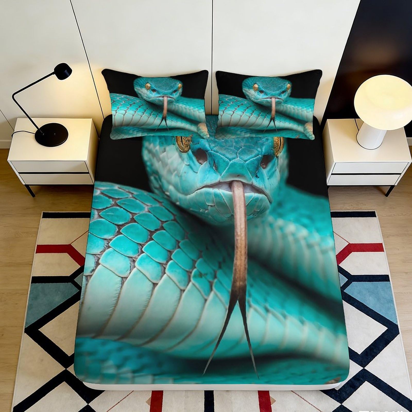 3D Printed Blue Snake Pattern Fitted Sheet Microfiber Soft Breathable Exotic Reptile Bed Cover for Bedroom Dormitory Guest Room Mattress Protection 180x200x25cm