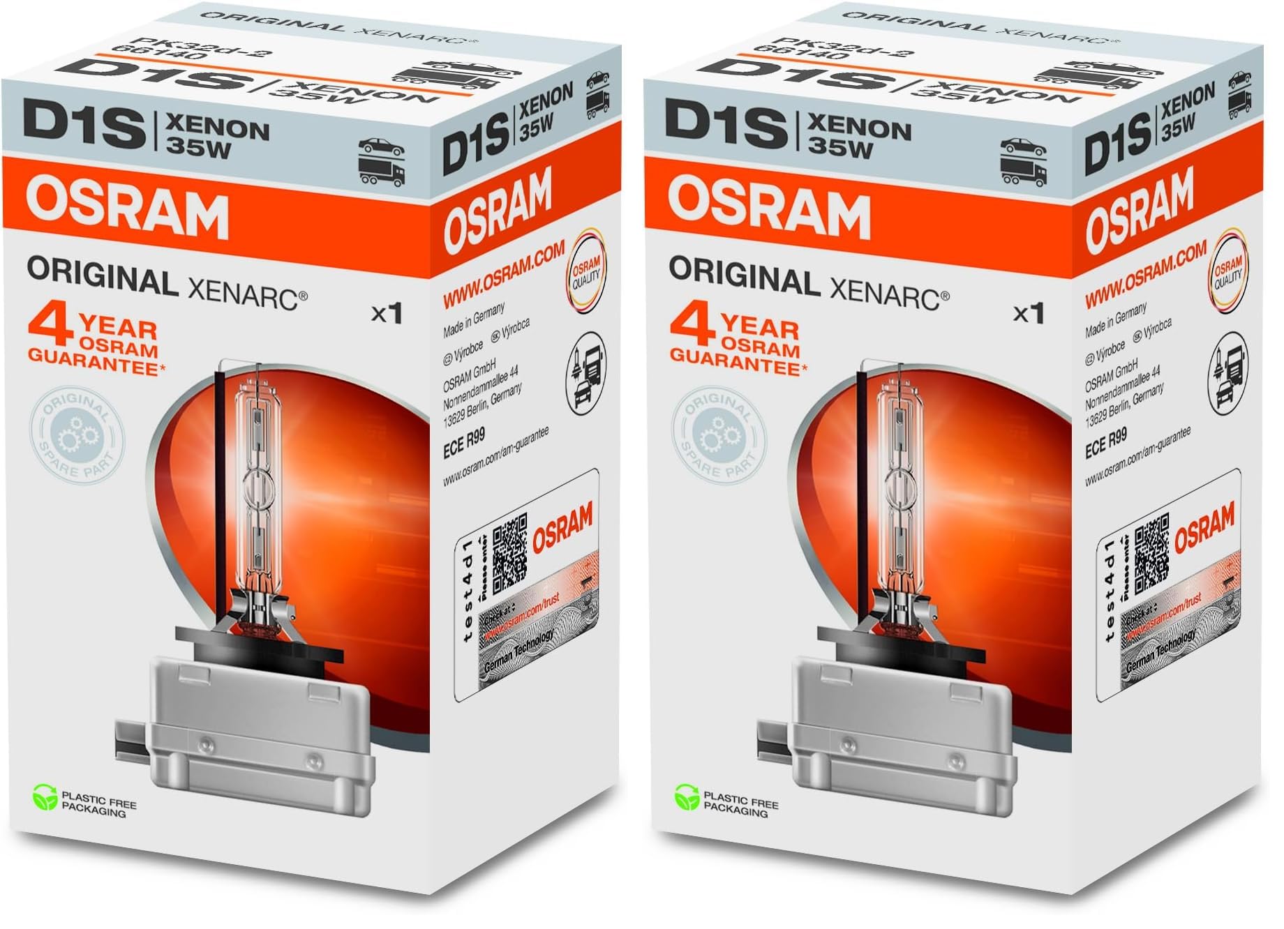 OSRAM XENARC ORIGINAL D1S faro HID allo xeno, lampada a scarica, qualità OEM, 66140, temperatura di colore 4150 K, scatola di cartone (1 pezzo) (Confezione da 2)